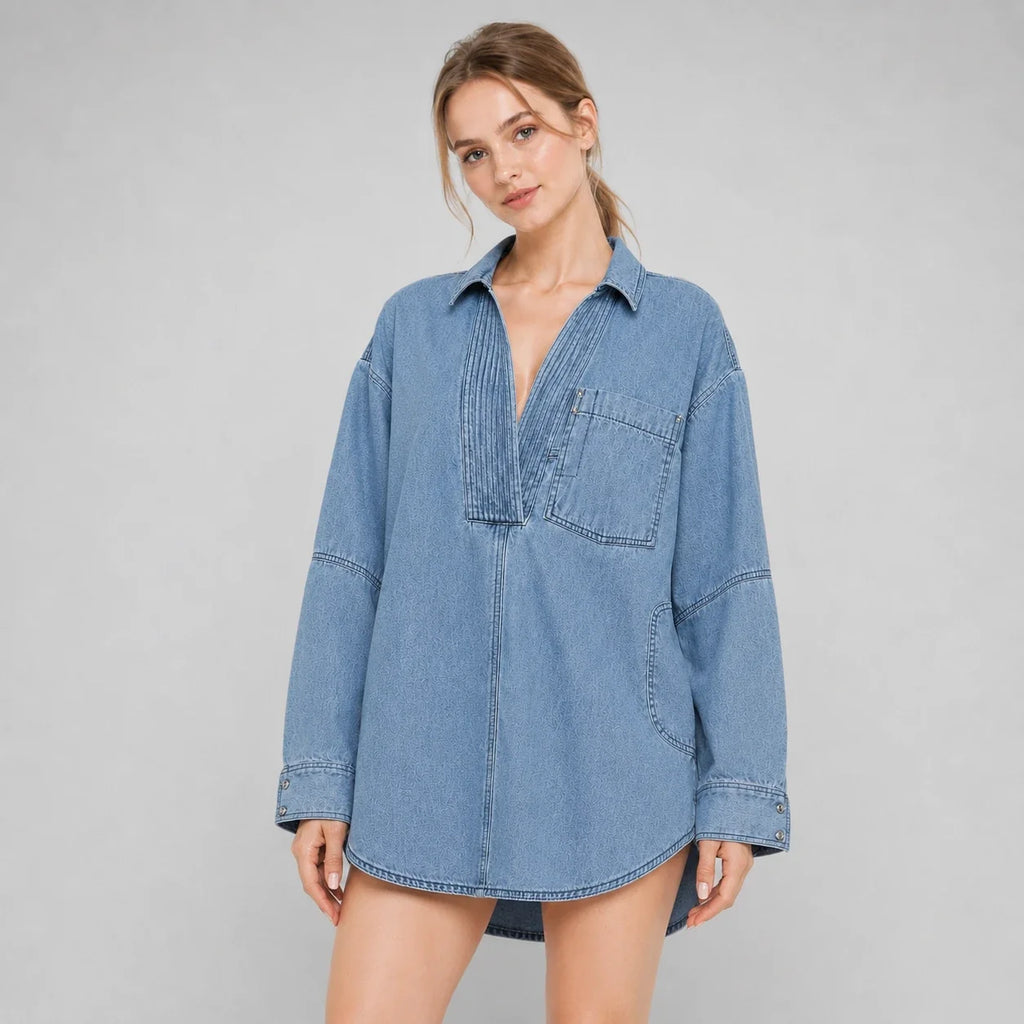 Oversized Pintuck Denim Tunic Shirt WHD0607017