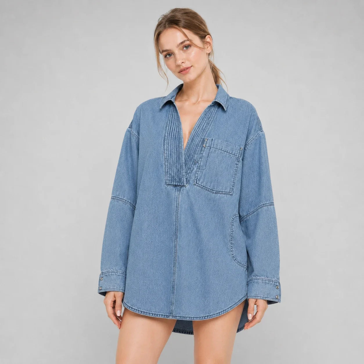 Oversized Pintuck Denim Tunic Shirt WHD0607017