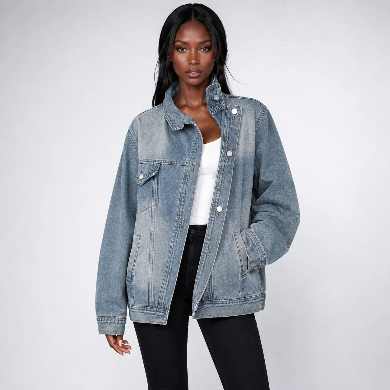 Asymmetric High-Collar Denim Jacket WHD0607018
