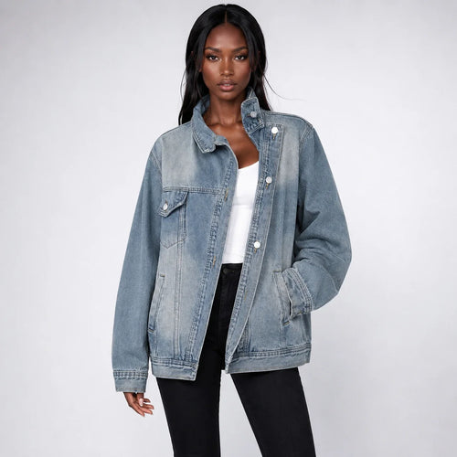 Asymmetric High-Collar Denim Jacket WHD0607018
