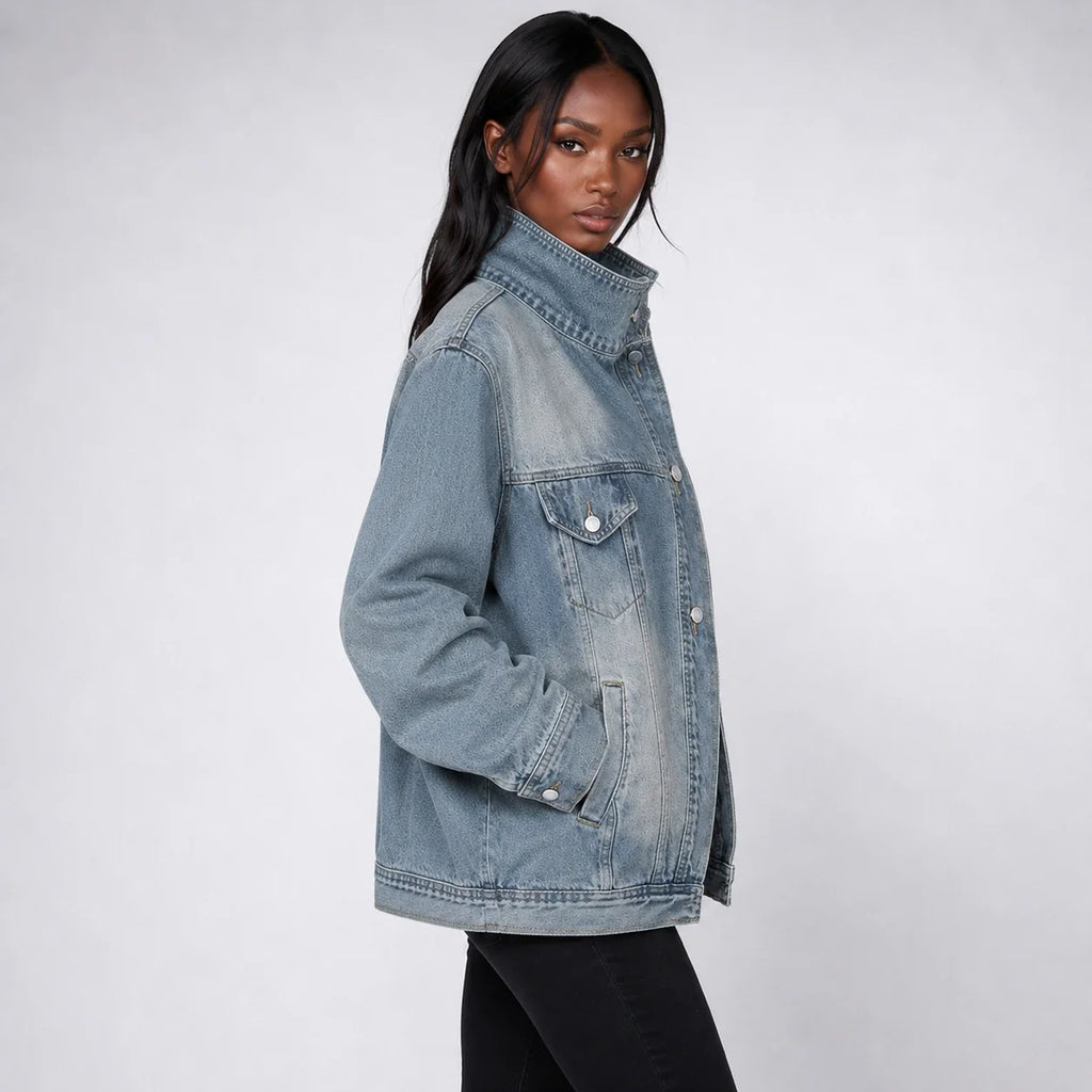 Asymmetric High-Collar Denim Jacket WHD0607018