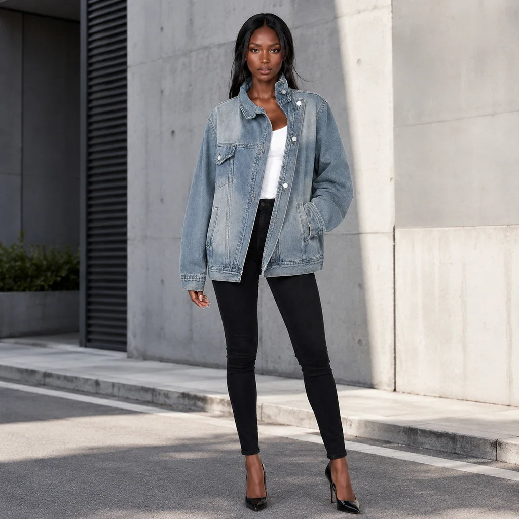 Asymmetric High-Collar Denim Jacket WHD0607018