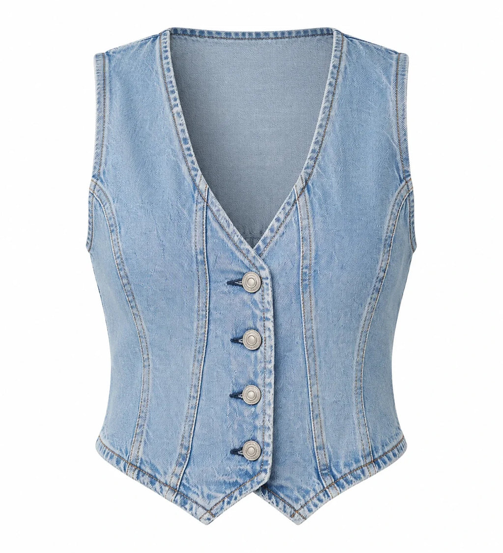 Button Front Cropped Denim Vest WHD0607019