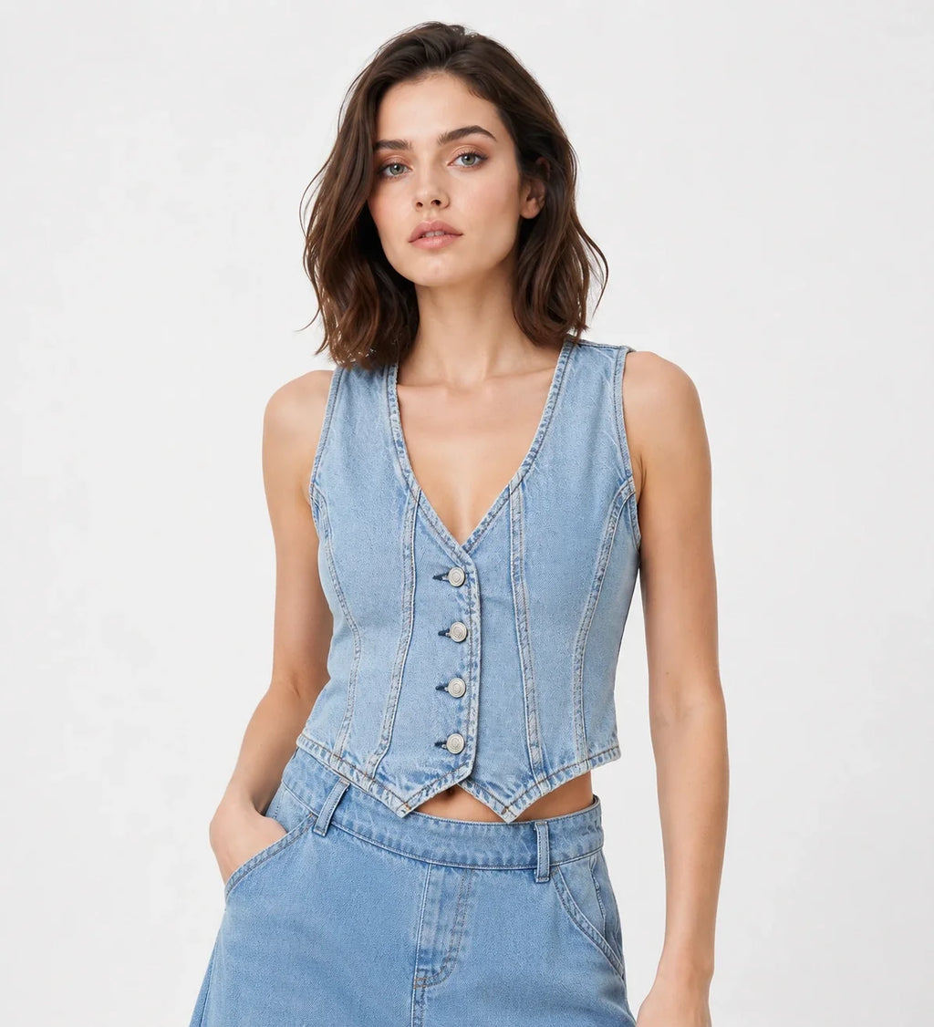 Button Front Cropped Denim Vest WHD0607019
