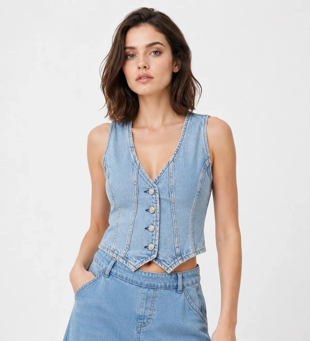 Button Front Cropped Denim Vest WHD0607019