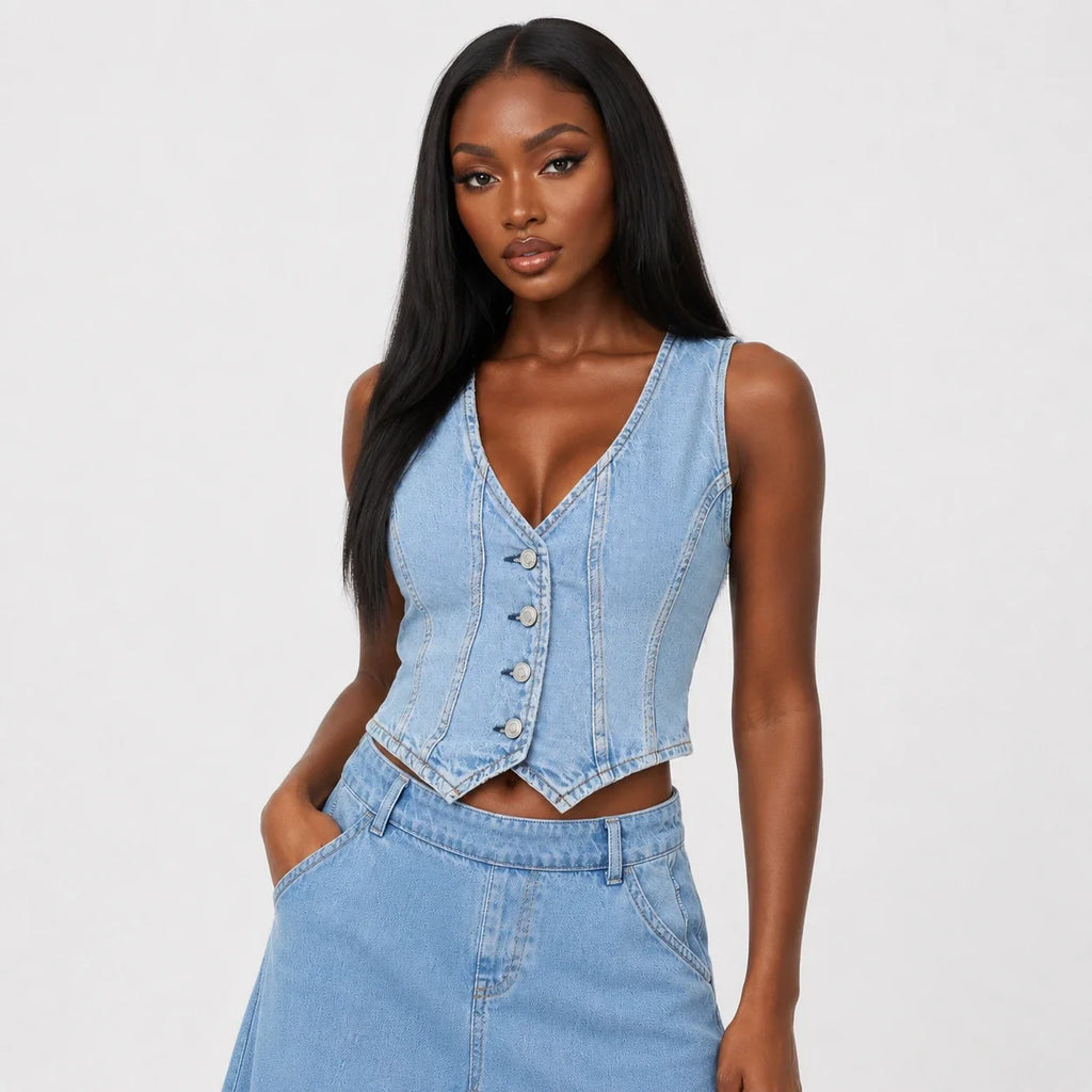 Button Front Cropped Denim Vest WHD0607019