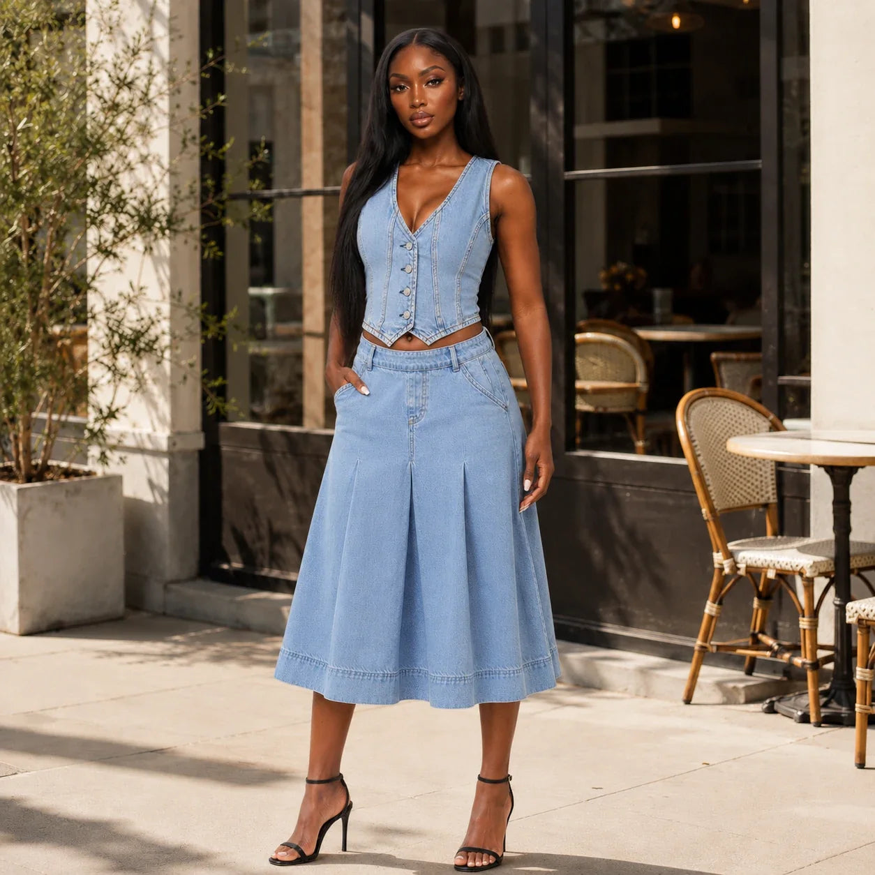 Button Front Cropped Denim Vest WHD0607019