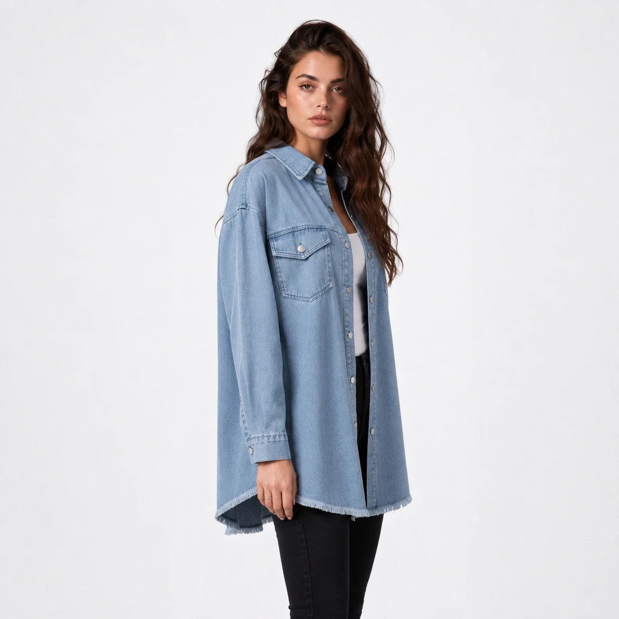Frayed Hem Denim Shirt Jacket WHD0607021