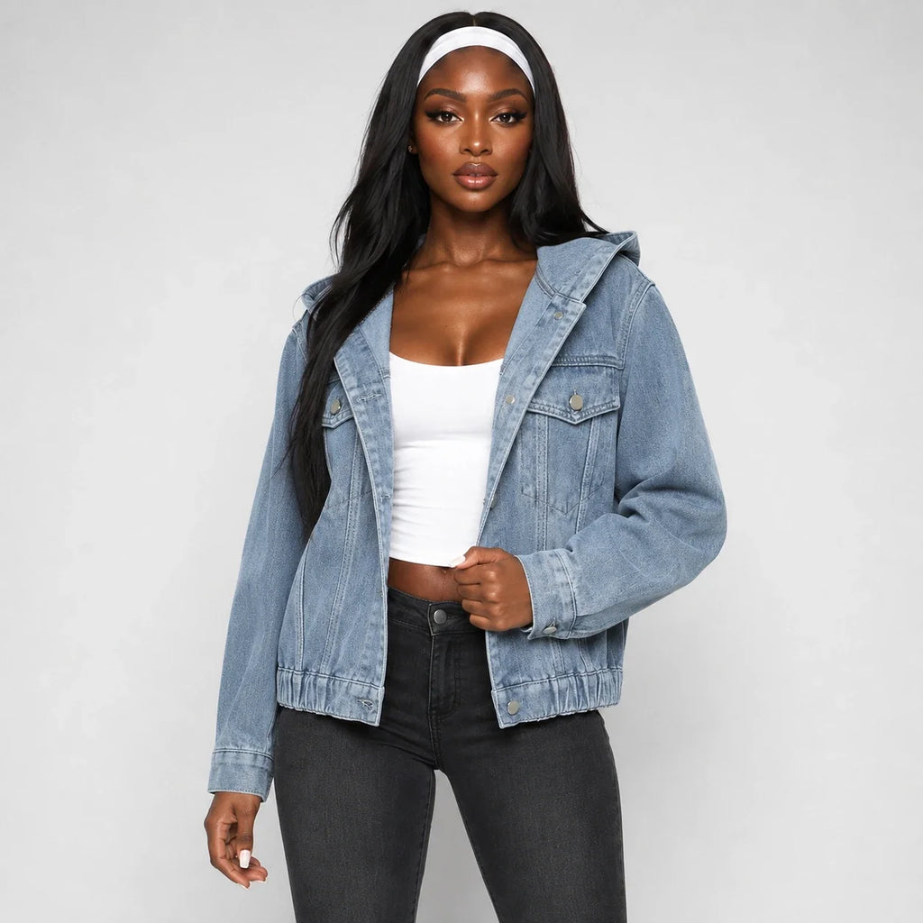 Hooded Elastic Hem Denim Jacket WHD0607024