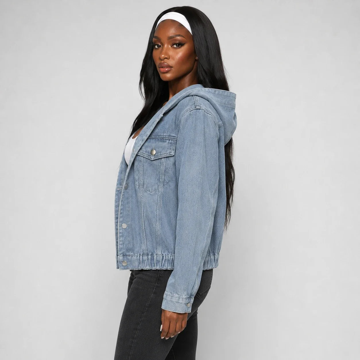Hooded Elastic Hem Denim Jacket WHD0607024