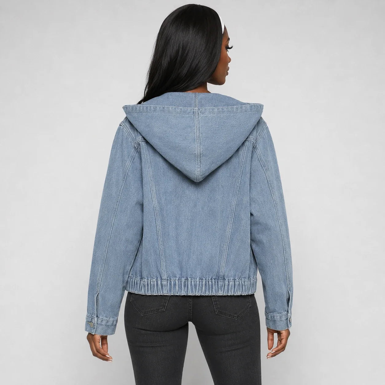 Hooded Elastic Hem Denim Jacket WHD0607024