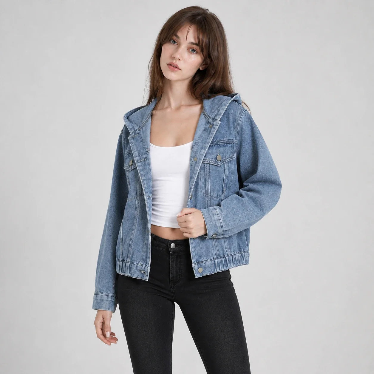 Hooded Elastic Hem Denim Jacket WHD0607024