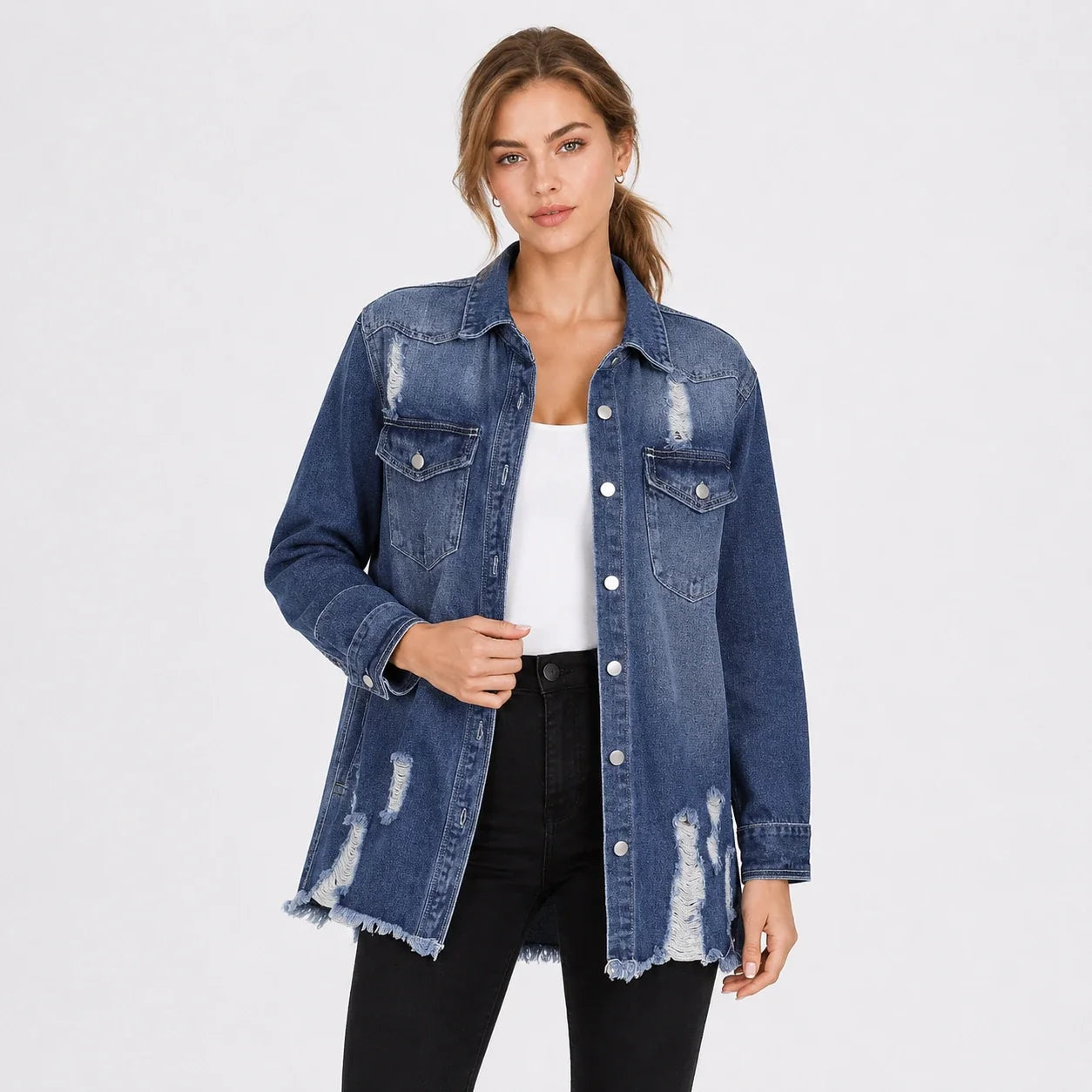 Distressed Longline Denim Shirt Jacket WHD0607025
