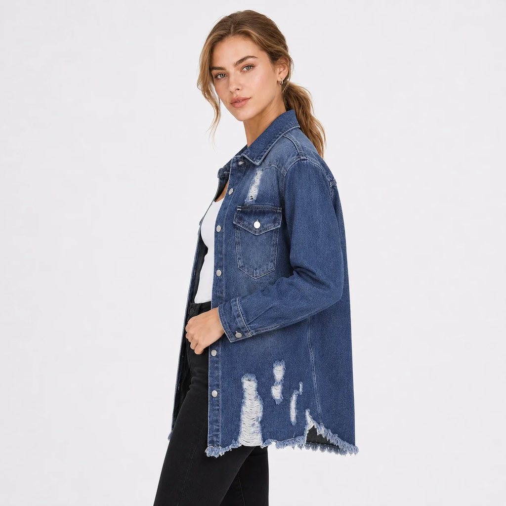 Distressed Longline Denim Shirt Jacket WHD0607025