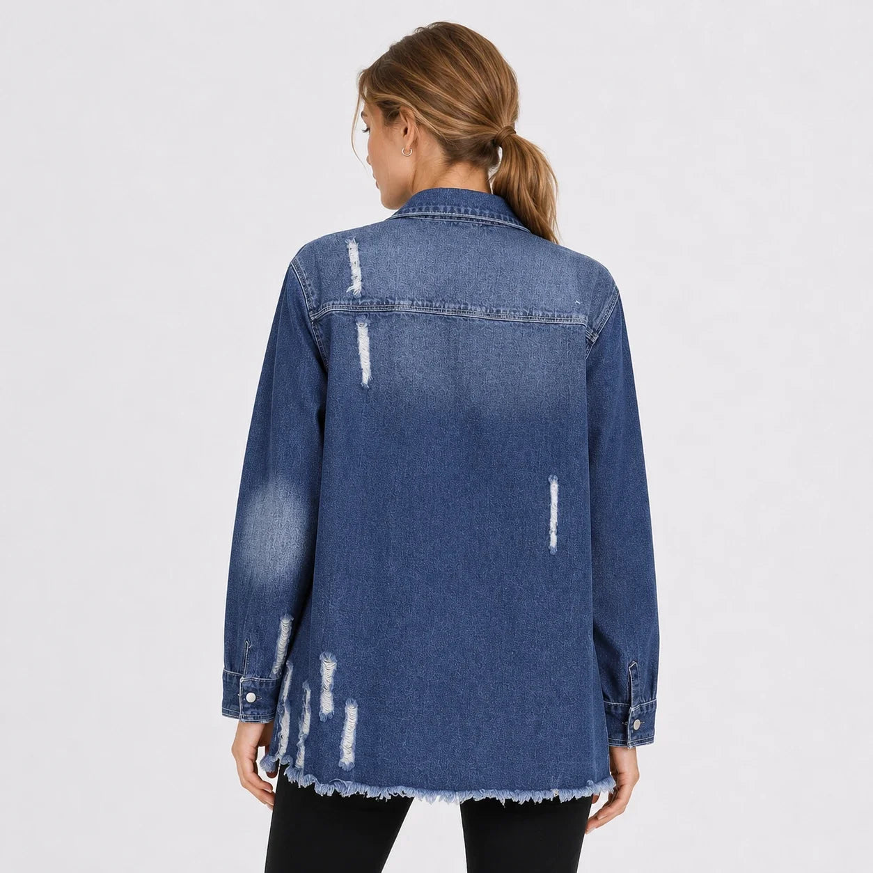 Distressed Longline Denim Shirt Jacket WHD0607025