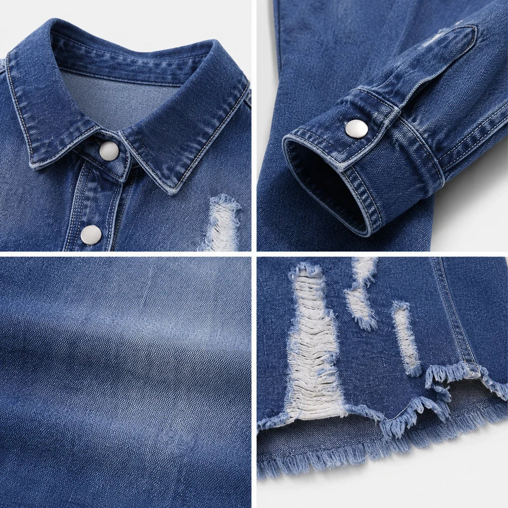 Distressed Longline Denim Shirt Jacket WHD0607025
