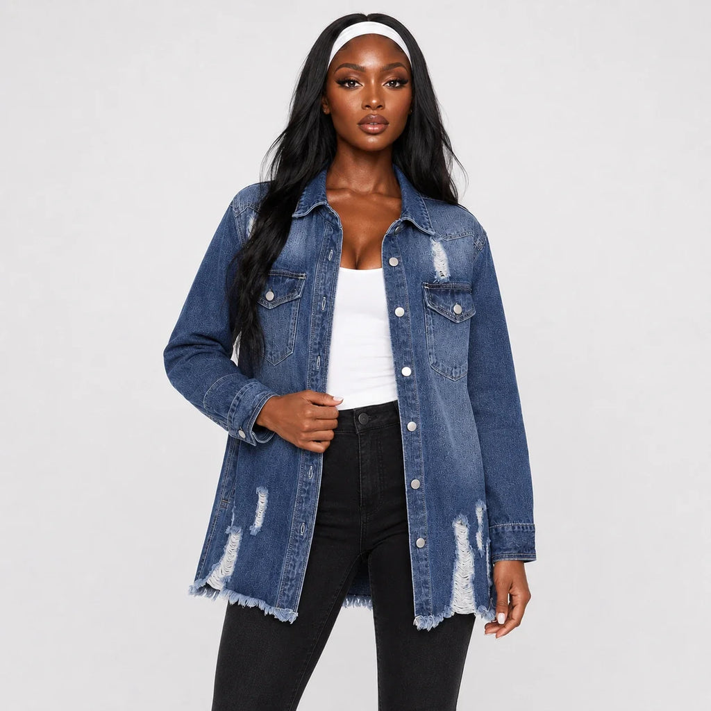 Distressed Longline Denim Shirt Jacket WHD0607025