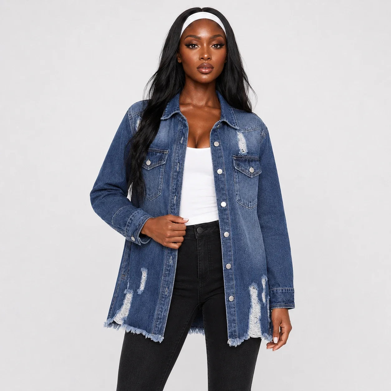 Distressed Longline Denim Shirt Jacket WHD0607025