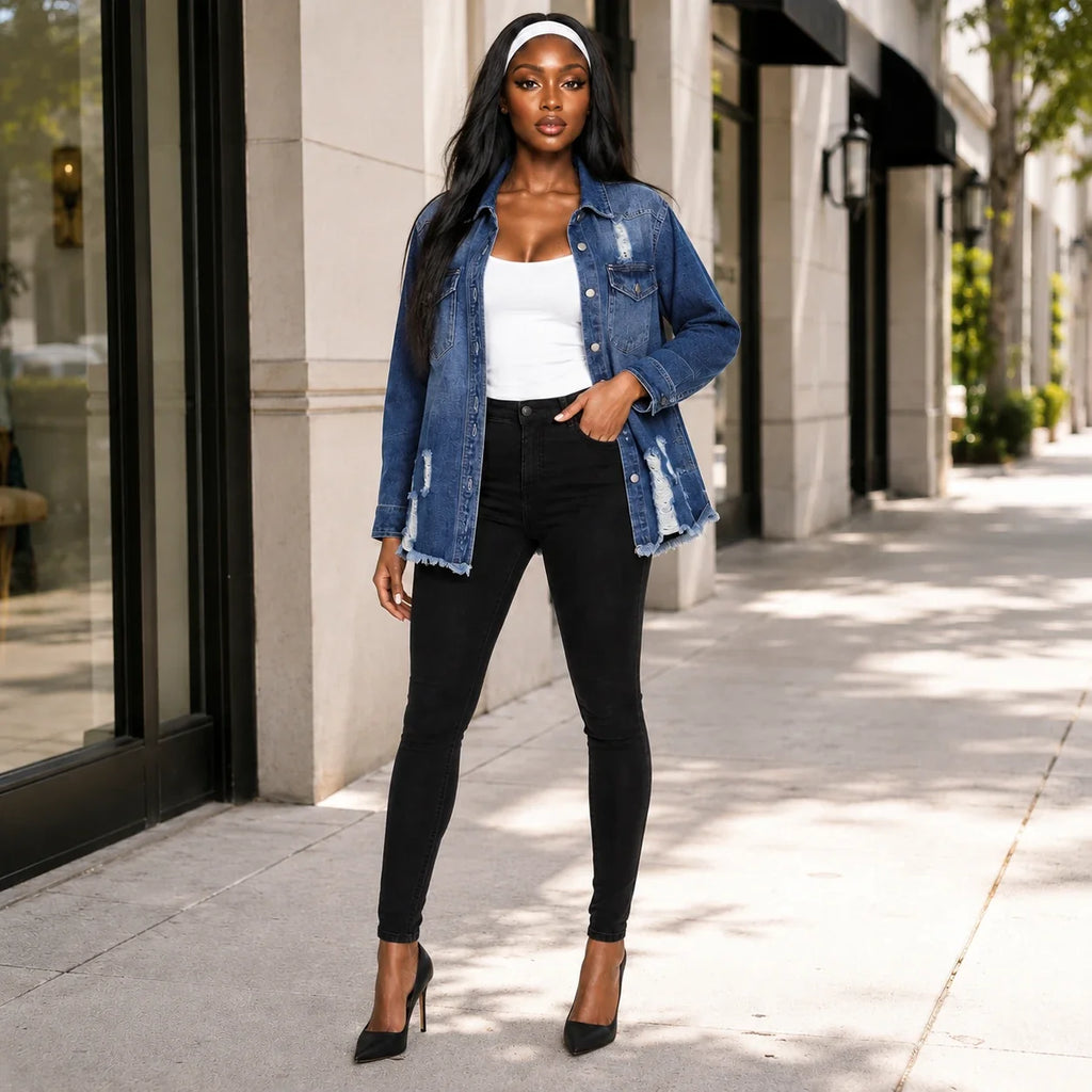 Distressed Longline Denim Shirt Jacket WHD0607025