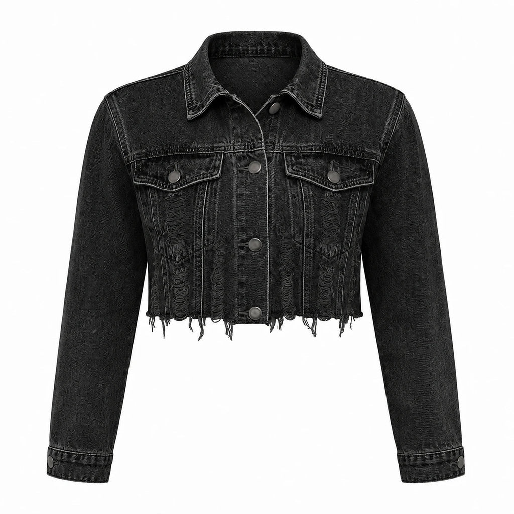 Distressed Raw Hem Cropped Denim Jacket WHD0607026