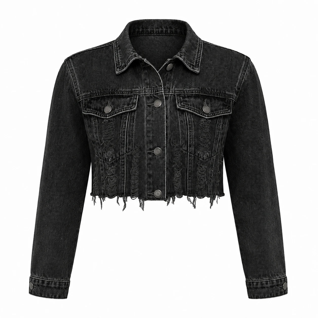 Distressed Raw Hem Cropped Denim Jacket WHD0607026