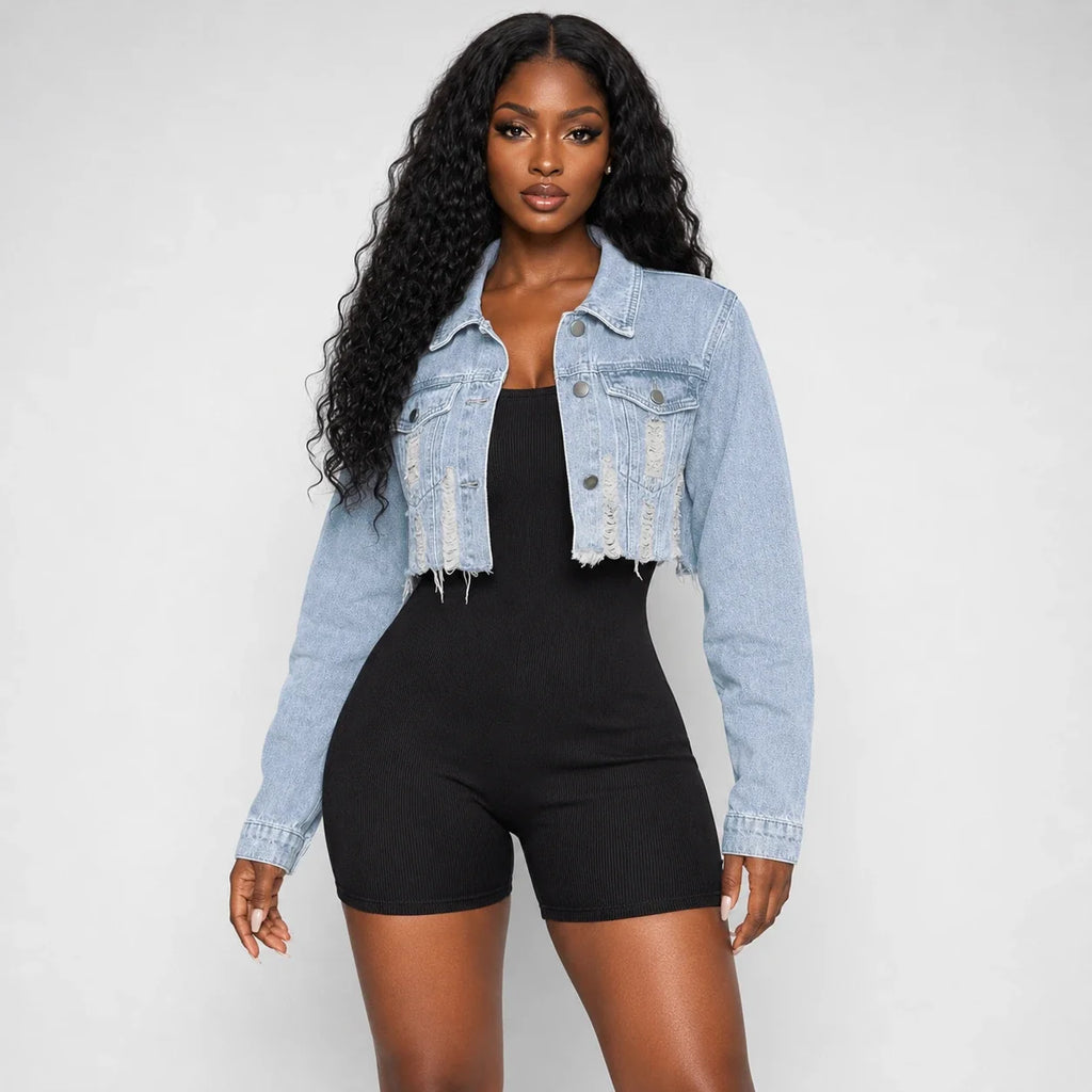 Distressed Raw Hem Cropped Denim Jacket WHD0607026