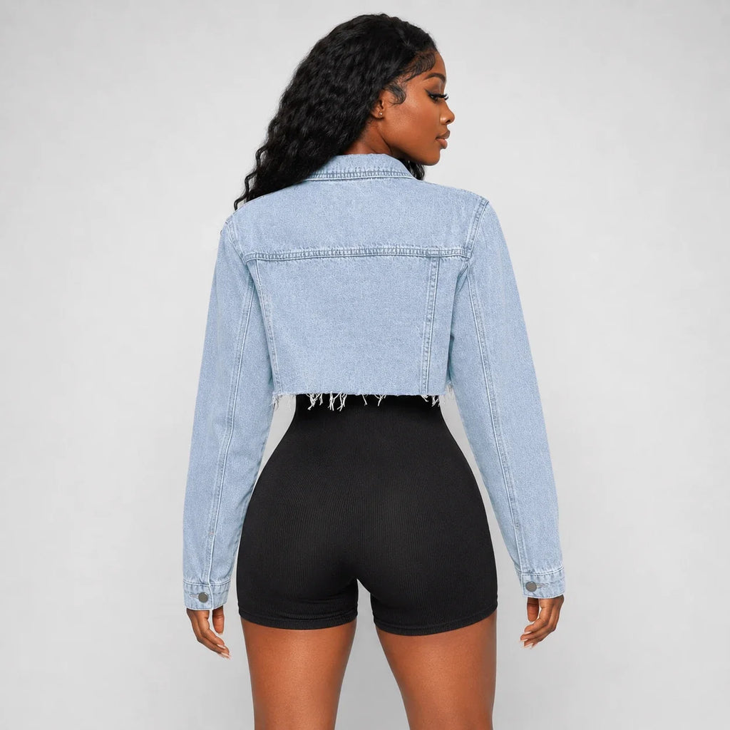 Distressed Raw Hem Cropped Denim Jacket WHD0607026