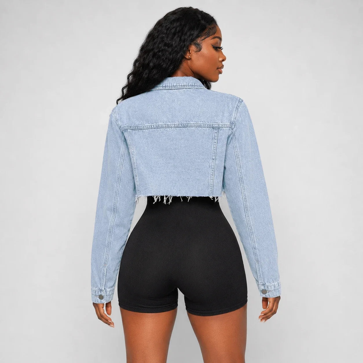 Distressed Raw Hem Cropped Denim Jacket WHD0607026