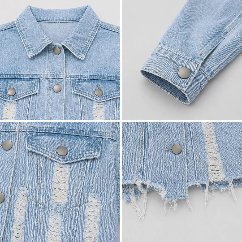 Distressed Raw Hem Cropped Denim Jacket WHD0607026