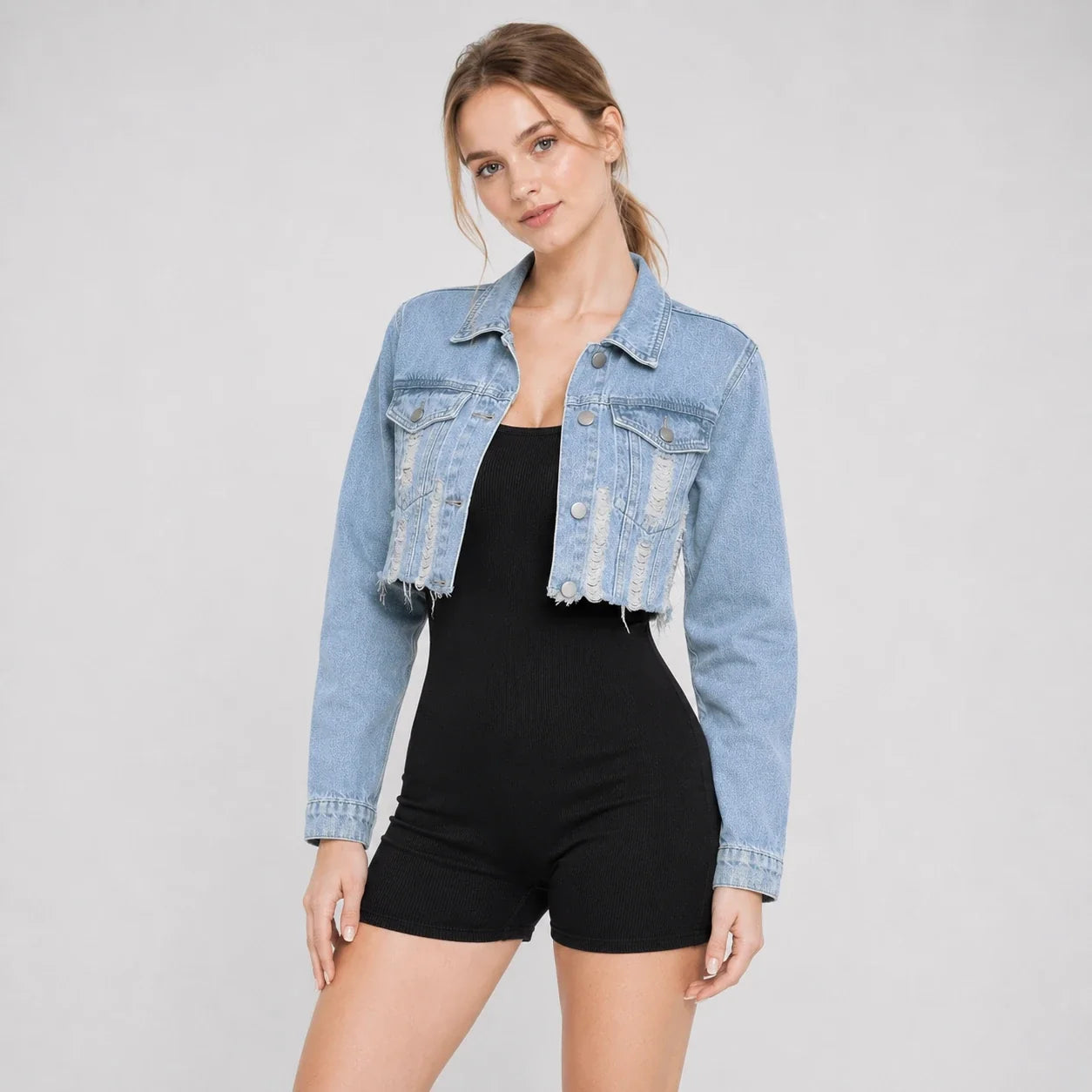 Distressed Raw Hem Cropped Denim Jacket WHD0607026