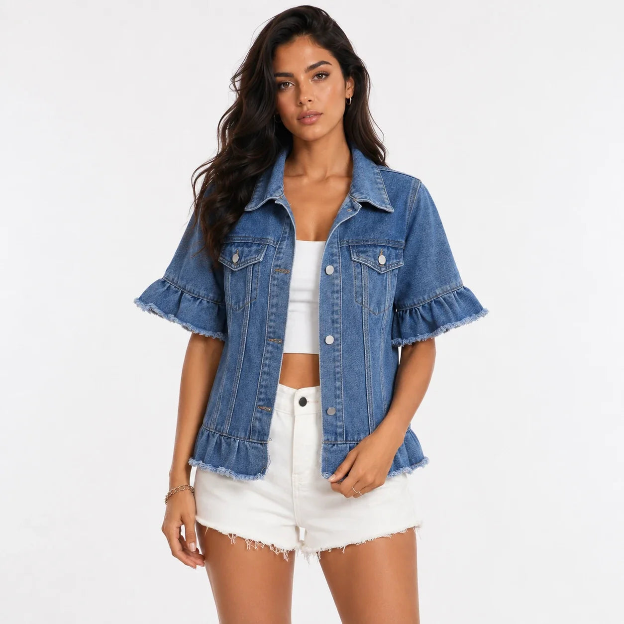 Ruffle Sleeve Denim Jacket WHD0607027