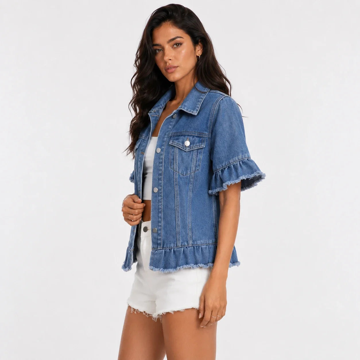 Ruffle Sleeve Denim Jacket WHD0607027