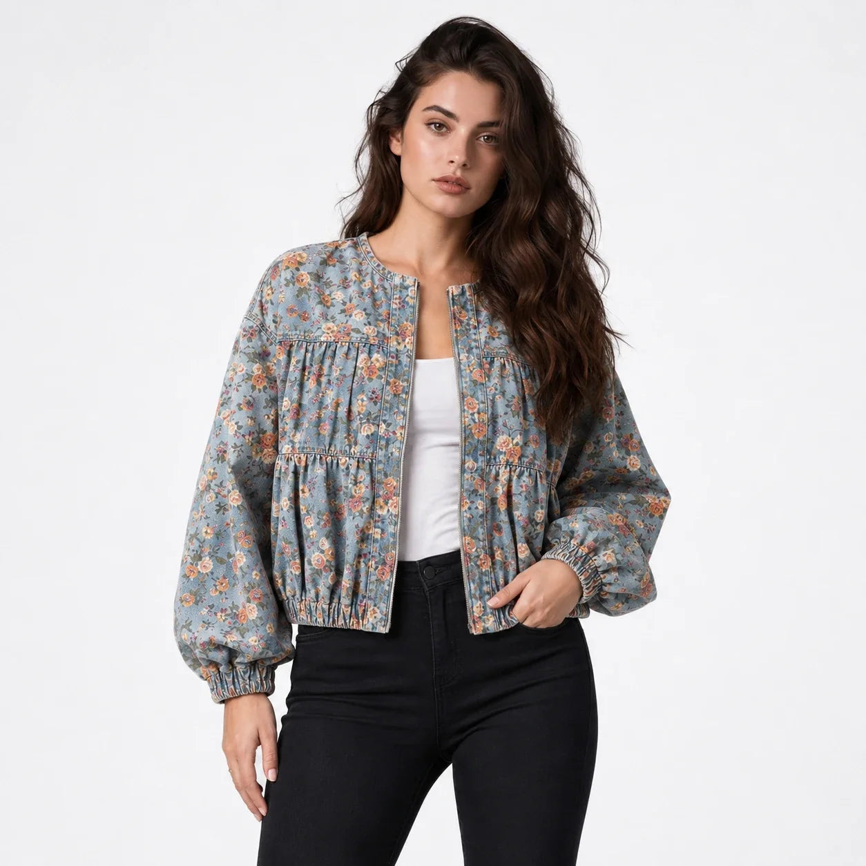 Floral Gathered Bomber Jacket WHD0607028