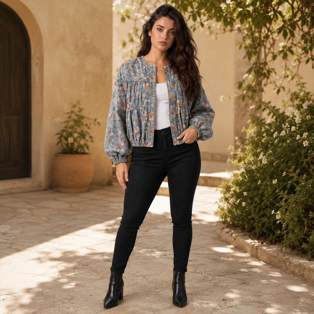 Floral Gathered Bomber Jacket WHD0607028