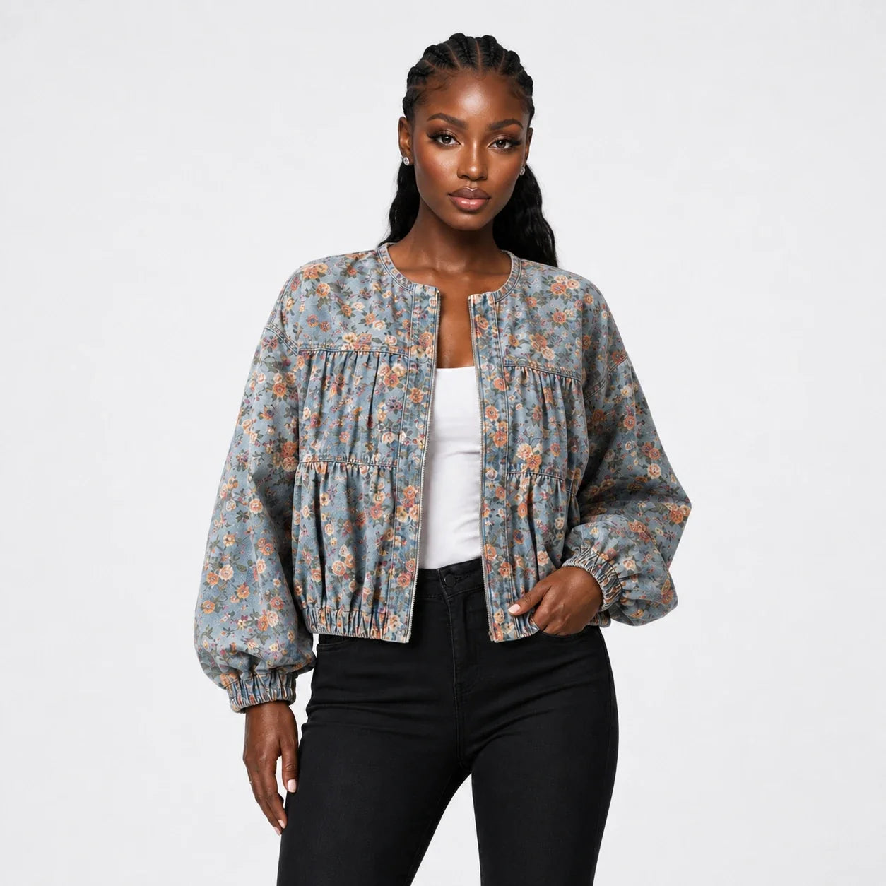 Floral Gathered Bomber Jacket WHD0607028