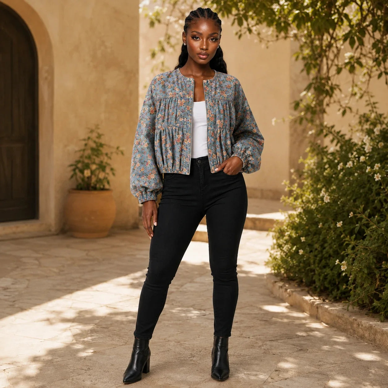 Floral Gathered Bomber Jacket WHD0607028