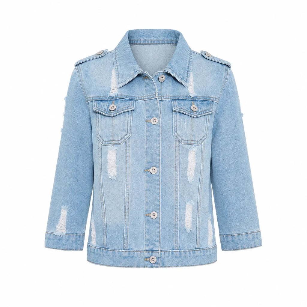 Distressed Three-Quarter Sleeve Denim Jacket WHD0607029