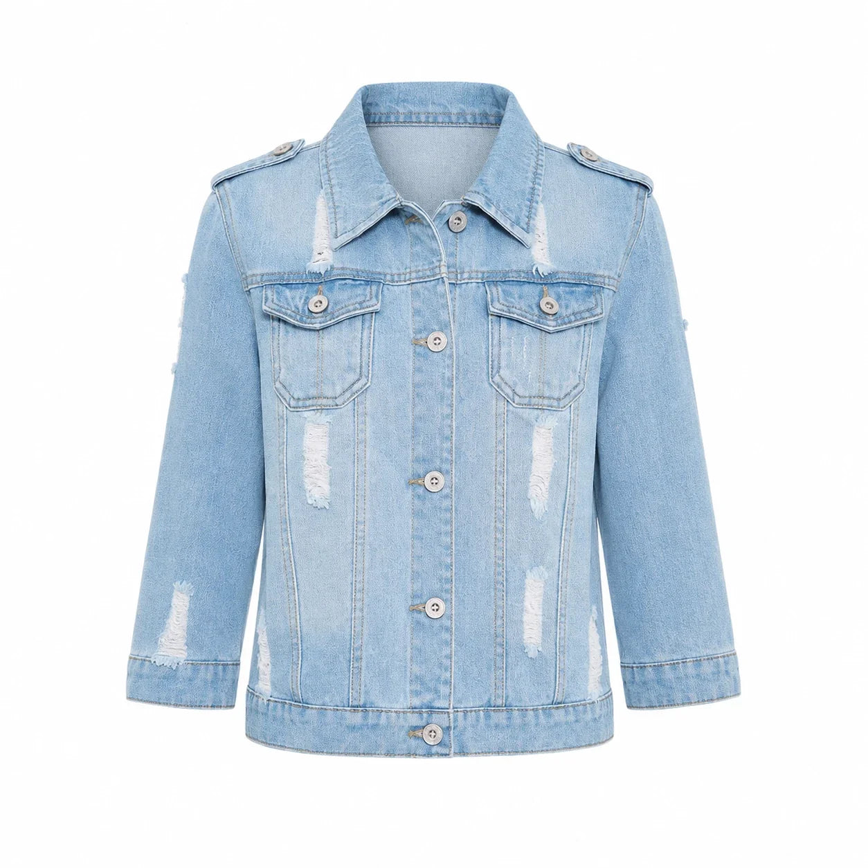 Distressed Three-Quarter Sleeve Denim Jacket WHD0607029