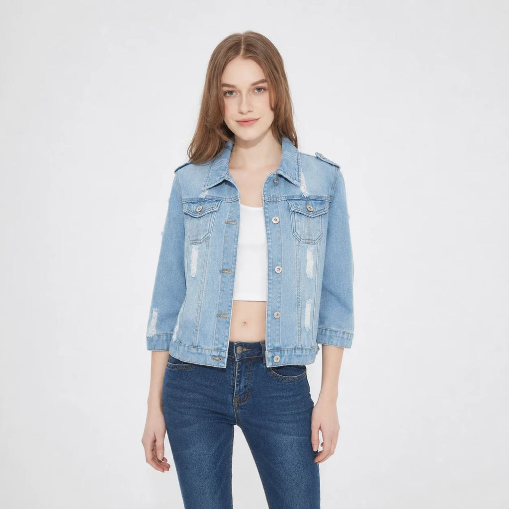 Distressed Three-Quarter Sleeve Denim Jacket WHD0607029