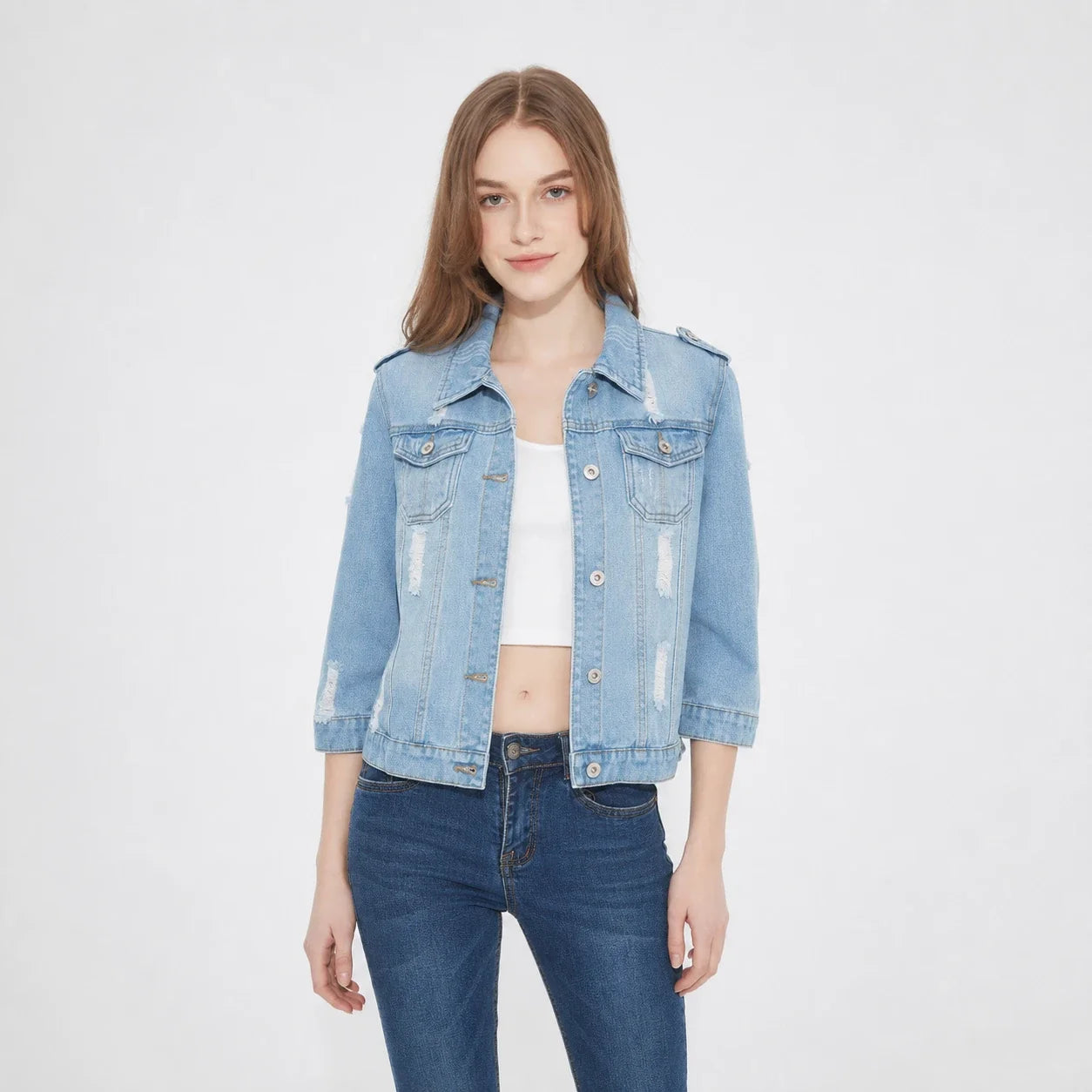 Distressed Three-Quarter Sleeve Denim Jacket WHD0607029