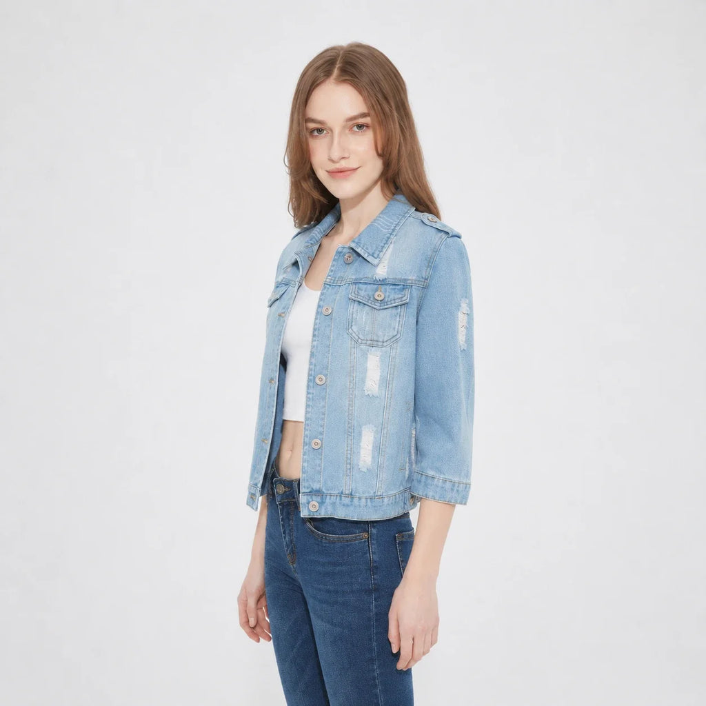 Distressed Three-Quarter Sleeve Denim Jacket WHD0607029