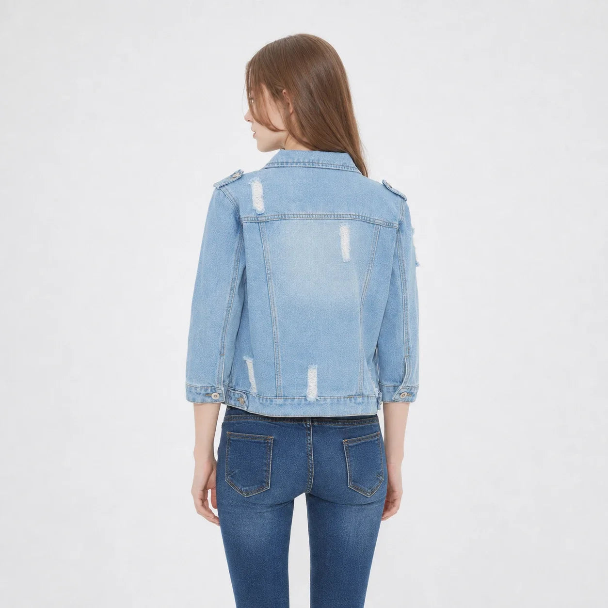 Distressed Three-Quarter Sleeve Denim Jacket WHD0607029