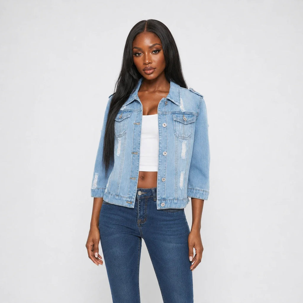 Distressed Three-Quarter Sleeve Denim Jacket WHD0607029
