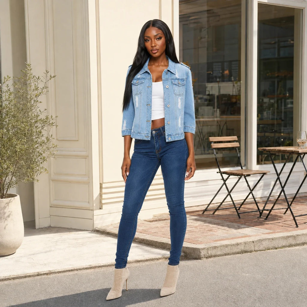 Distressed Three-Quarter Sleeve Denim Jacket WHD0607029