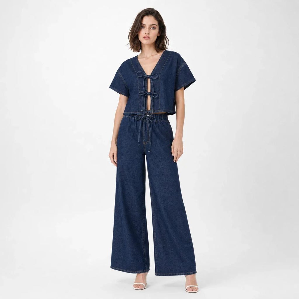 Tie Front Wide Leg Denim Set WHD0607031