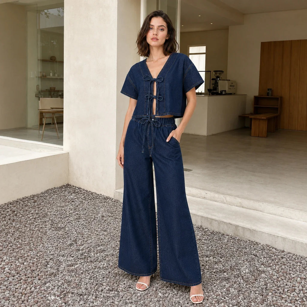 Tie Front Wide Leg Denim Set WHD0607031