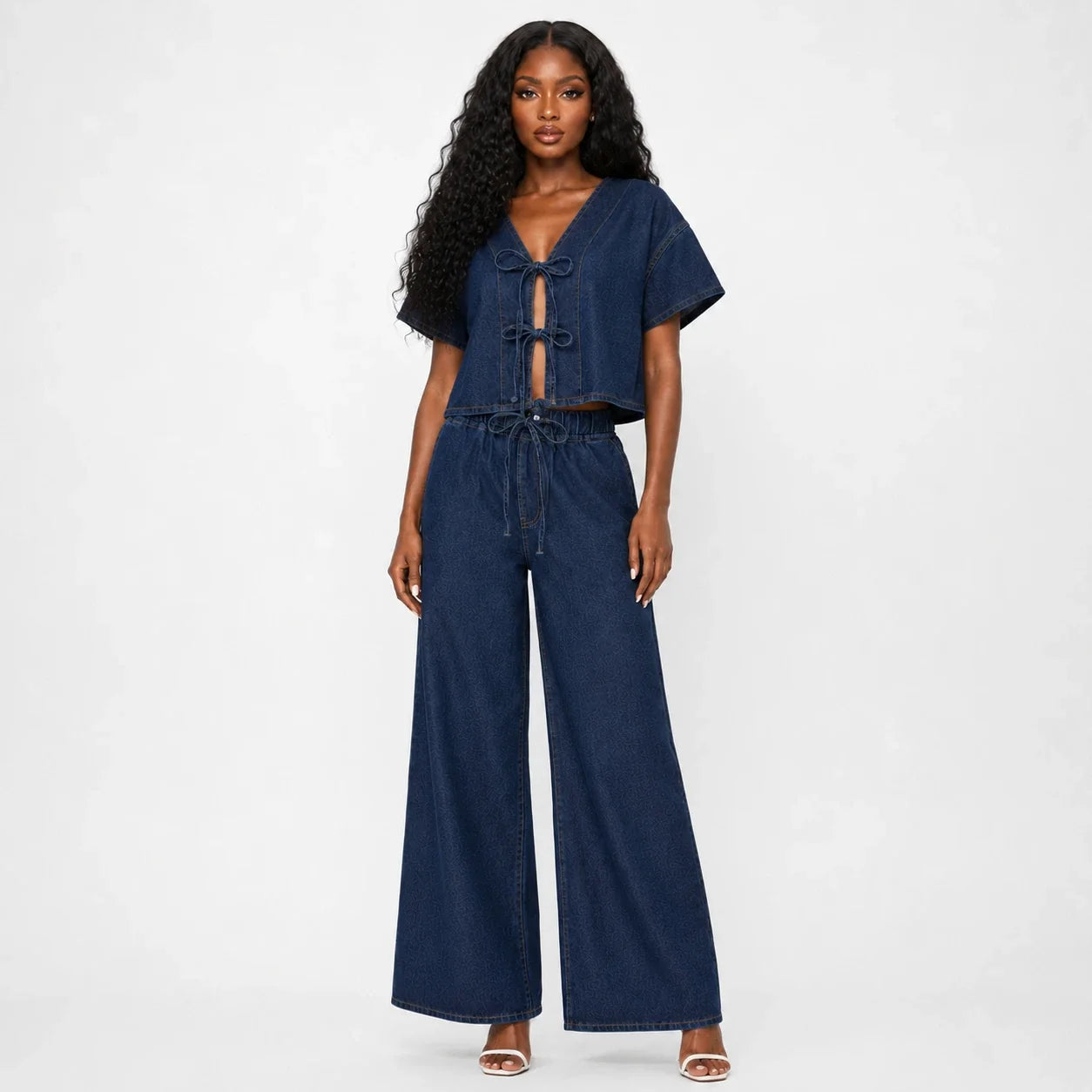 Tie Front Wide Leg Denim Set WHD0607031