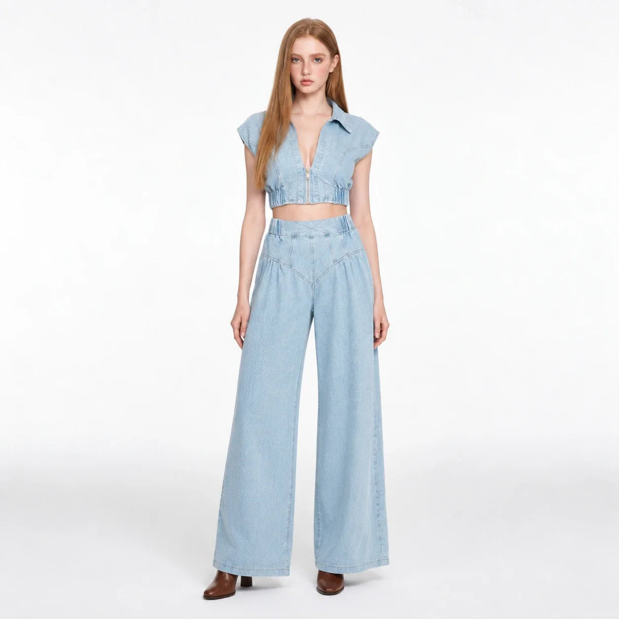 Cropped Denim Wide Leg Set WHD0607032