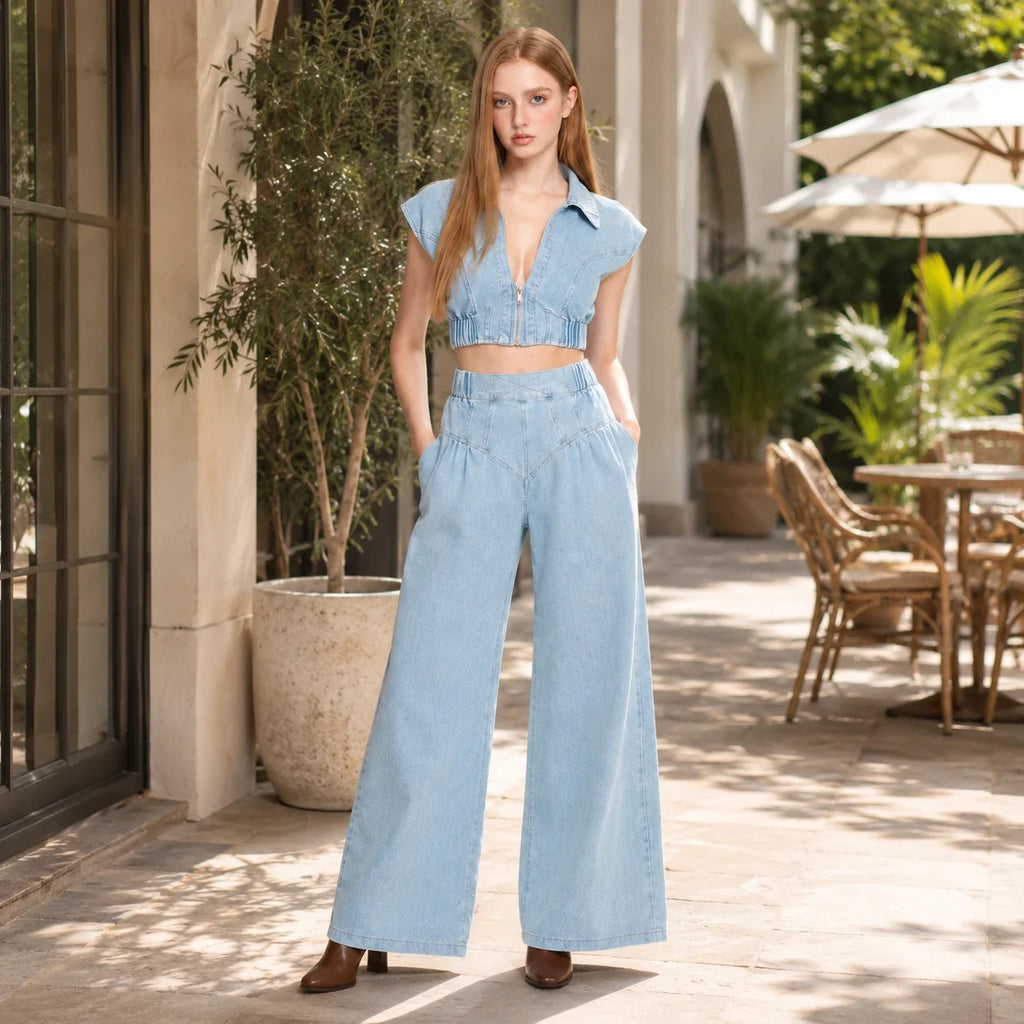 Cropped Denim Wide Leg Set WHD0607032