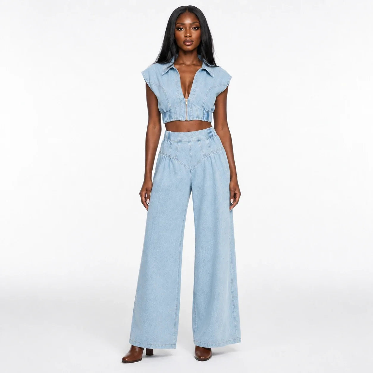 Cropped Denim Wide Leg Set WHD0607032